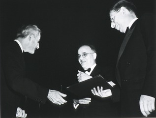 [1946 Awards Presentation]: [Dr. Philip Levine (center) and Dr. Alexander S. Wiener (right)]