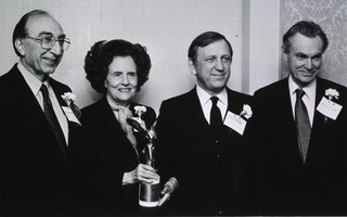 [Mary Lasker with Dr. Michael DeBakey, Congressman John Brademas, and Dr. K. Sune D. Bergstrom]