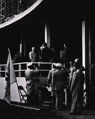 [President Harry Truman congratulated after opening remarks during dedication ceremony of the Clinical Center]