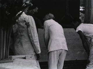 [Dr. Thompson and Henry Morgenthau, Jr. look at cornerstone being placed in Building 1]