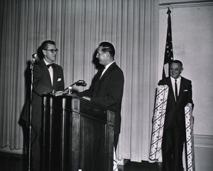 [Dr. James A. Shannon congratulates Dr. John Fletcher on his retirement]