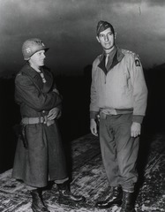 Lieutenant David C. Waybur (left) (Peidmont, Cal.) 3rd Recon Troop, 3rd Div. chats with Lt. Gen. Mark W. Clark who presented him with the Congressional Medal of Honor for his conspicuous gallantry under fire, Baia e Latina, Italy, 29 November 1943