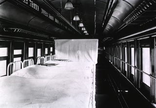 [Interior view of a hospital train patient car]
