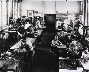 View of occupational therapy shop with woodworking and basket weaving classes being conducted, Fitzsimon, WWI