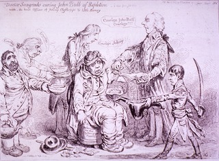 Doctor Sangrado curing John Bull of Repletion: with the kind offices of young Clysterpipe & little Boney