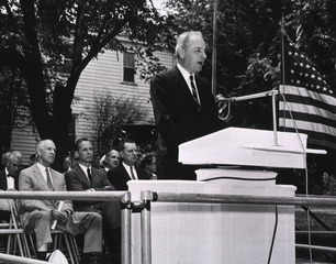 [Arthur Fleming addresses a gathering at the groundbreaking ceremony]