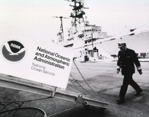Surgeon General C. Everett Koop approaching the gangplank of a NOAA vessel, 1985