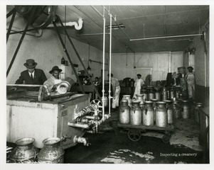 [John Earnshaw, an inspector with the Bureau of Chemistry, inspecting a creamery in the Baltimore-Washington area]