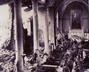 [A first aid station in a bombed-out church]