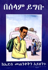 [Man with travel bag standing near bus]