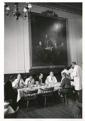 Victor McKusick at lunch with colleagues in Johns Hopkins' Welch Medical Library dining room