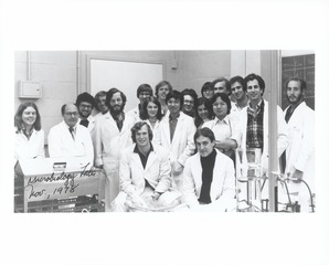 Daniel Nathans with research fellows in the Microbiology Department Lab at Johns Hopkins University School of Medicine
