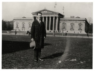 Linus Pauling in front of Konigsplatz, Munich, Germany