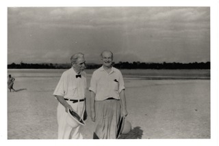 Albert Schweitzer and Linus Pauling on a beach in Lambarene, Republic of Gabon