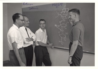 Boris Rotman, John Zderic, Wilfred Razell, and John Moffat at the Syntex Institute for Molecular Biology