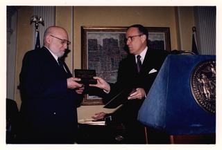 New York City Mayor Rudolph Giuliani handing Science Award to Joshua Lederberg