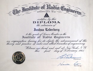 Certificate granting Joshua Lederberg membership into the Institute of Radio Engineers