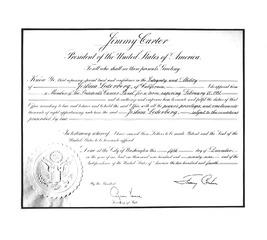 Certificate granting Joshua Lederberg membership on the President's Cancer Panel