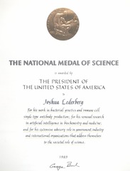 Certificate awarding Joshua Lederberg The National Medal of Science