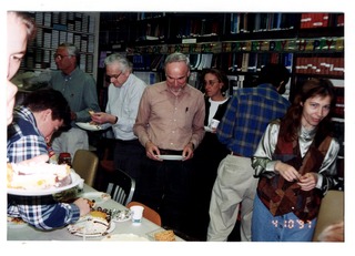 Werner Klee, Marshall Nirenberg, Alan Peterkofsky, Victoria Cioce, Matt Daniels, and Marina Copansina at party in library