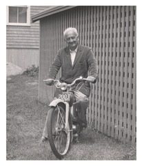 Albert Szent-Gyorgyi on a motorcycle, Woods Hole, Massachusetts