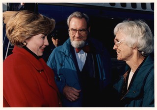 C. Everett Koop, his wife Betty, and Hillary Rodham Clinton during a speaking tour to promote health care reform