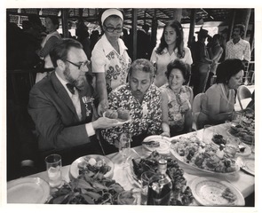 C. Everett Koop at a reception in the Dominican Republic celebrating the successful separation of Siamese twins Alta and Clara Rodriguez