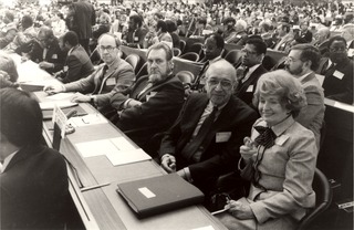C. Everett Koop, Secretary of Health and Human Services Margaret Heckler (front right), and the United States delegation at the World Health Assembly in Geneva, Switzerland