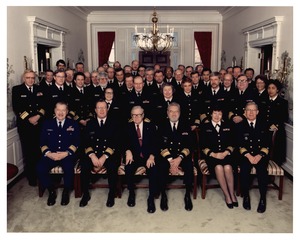C. Everett Koop, Secretary of Health and Human Services Otis Bowen (in suit), Assistant Surgeons General (front row), and members of the Commissioned Corps of the U.S. Public Health Service