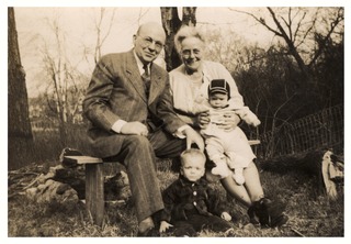 Wilbur A. and Margaret Sawyer with their grandsons Billy and Bobby Sawyer in Newtonville, Massachusetts