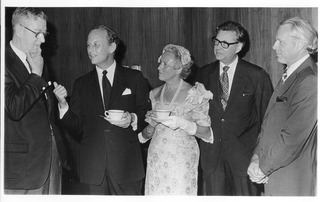 James A. Shannon, Donald and Henrietta Fredrickson, Lamont-Havers, and John Sherman at Fredrickson's inauguration as director of NIH