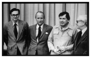 Fredrickson with Nobel Laureates Marshall Nirenberg, Carleton Gajdusek, and Julius Axelrod