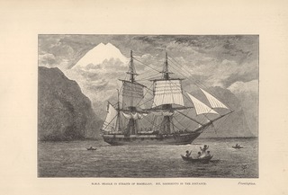 H.M.S. Beagle in Straits of Magellan: Mt. Sarmiento in the distance
