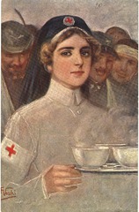 [A military nurse holding a tray of hot drinks]