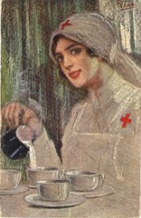 [A military nurse pouring hot drinks]