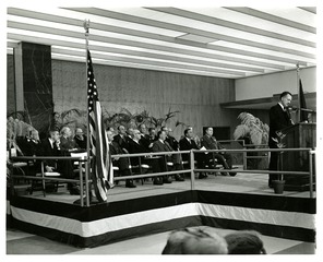 [Director Dr. Frank B. Rogers standing at the podium at National Library of Medicine Dedication Ceremony]