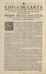 Copia de carta escrita a vn cavallero de la ciudad de los Reyes, dandole cuenta de la muerte del excelentissimo señor duque de la Palata: en la ciudad de Portovelo, viernes santo 13. de abril de 1691