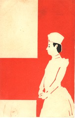 [Japanese nurse in front of a half of the Red Cross symbol]