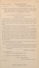 Revoking the suspension of the privilege of the writ of habeus corpus in the states and territories of the United States, except in certain states and territories named: a proclamation