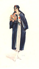 [Nurse in navy cloak holding a bouquet of roses]