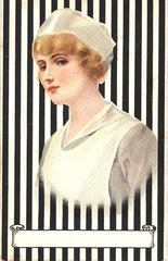 [Portrait of a nurse against black and white striped background]