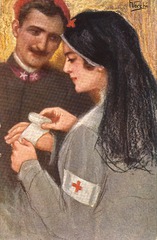 [Nurse bandaging a soldier's hand]
