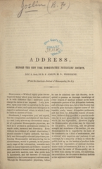 Address, before the New York Homœopathic Physicians' Society, Dec. 3, 1845