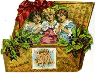 Preparación de Wampole: [three girls in a wooden basket]