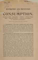 Restriction and prevention of consumption: sometimes called "tuberculosis," "phthisis," "phthisis pulmonalis," "tubercular phthisis," "tubercular consumption," or "pulmonary consumption"