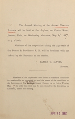 The Annual Meeting of the Adams Nervine Asylum will be held at the Asylum, on Centre Street, Jamaica Plain, on Wednesday afternoon, May 11, 1887, at 3 o'clock