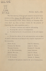 The first meeting of the persons named in the act of incorporation of the Adams Nervine Asylum will be held at the Union Club House, 8 Park Street, Boston, on Thursday afternoon, April 19, 1877, at three o'clock, for the purpose of organizing the said corporation