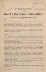 Permits for the removal of sick persons or infected articles