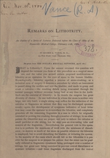 Remarks on lithotrity: an outline of a series of lectures delivered before the class of 1880 of the Evansville Medical College, February 11th, 1880