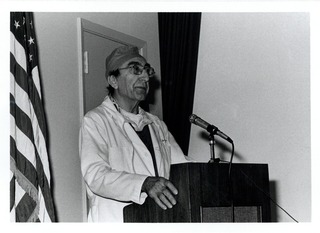 Michael DeBakey speaking at the scientific inauguration and dedication of the Baylor College of Medicine's Department of Otorhinolaryngology and Communicative Sciences